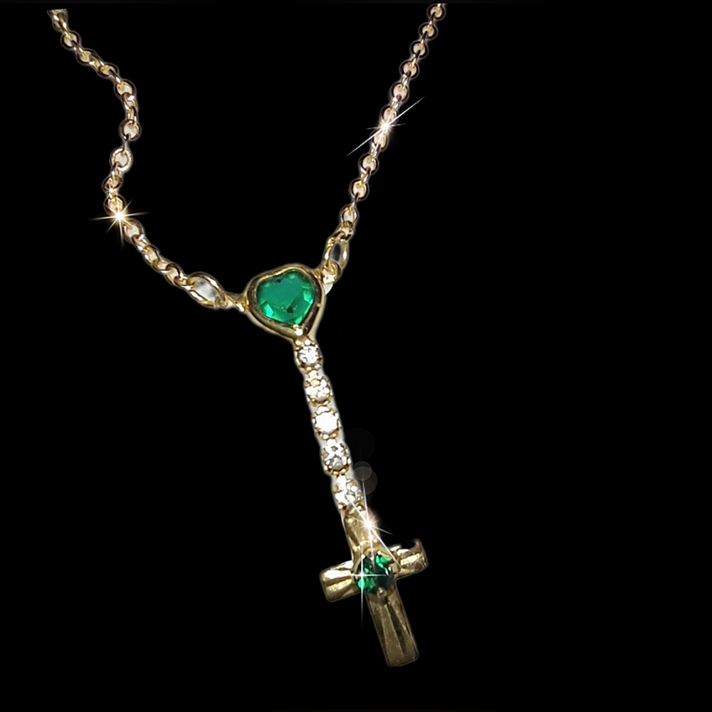 Emerald Green Heart + Connected Dangling Gold Cross Necklace - Picture 6 of 15